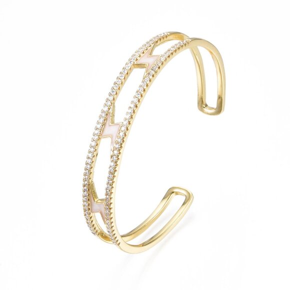 Enamel Lightning Bolt Cuff Bangle Pave CZ Edge, Real 18K Gold Plated NWOT - Picture 1 of 3